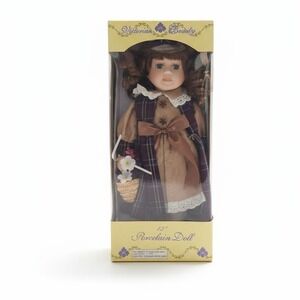 Victorian Beauty 12" Bisque Porcelain Doll Plaid Brown Hair Blue Eyes NIB